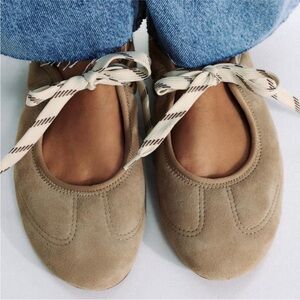 Split Lace Up Ballet Flats - Sandy Brown